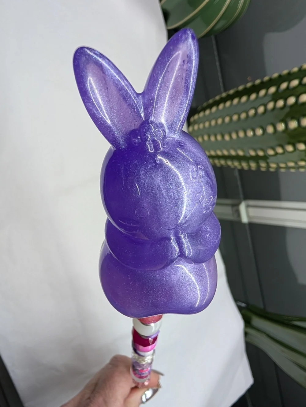Purple Beaded Fairy Wand/Plant/Garden Stake W/Resin Rabbit Topper 🐰